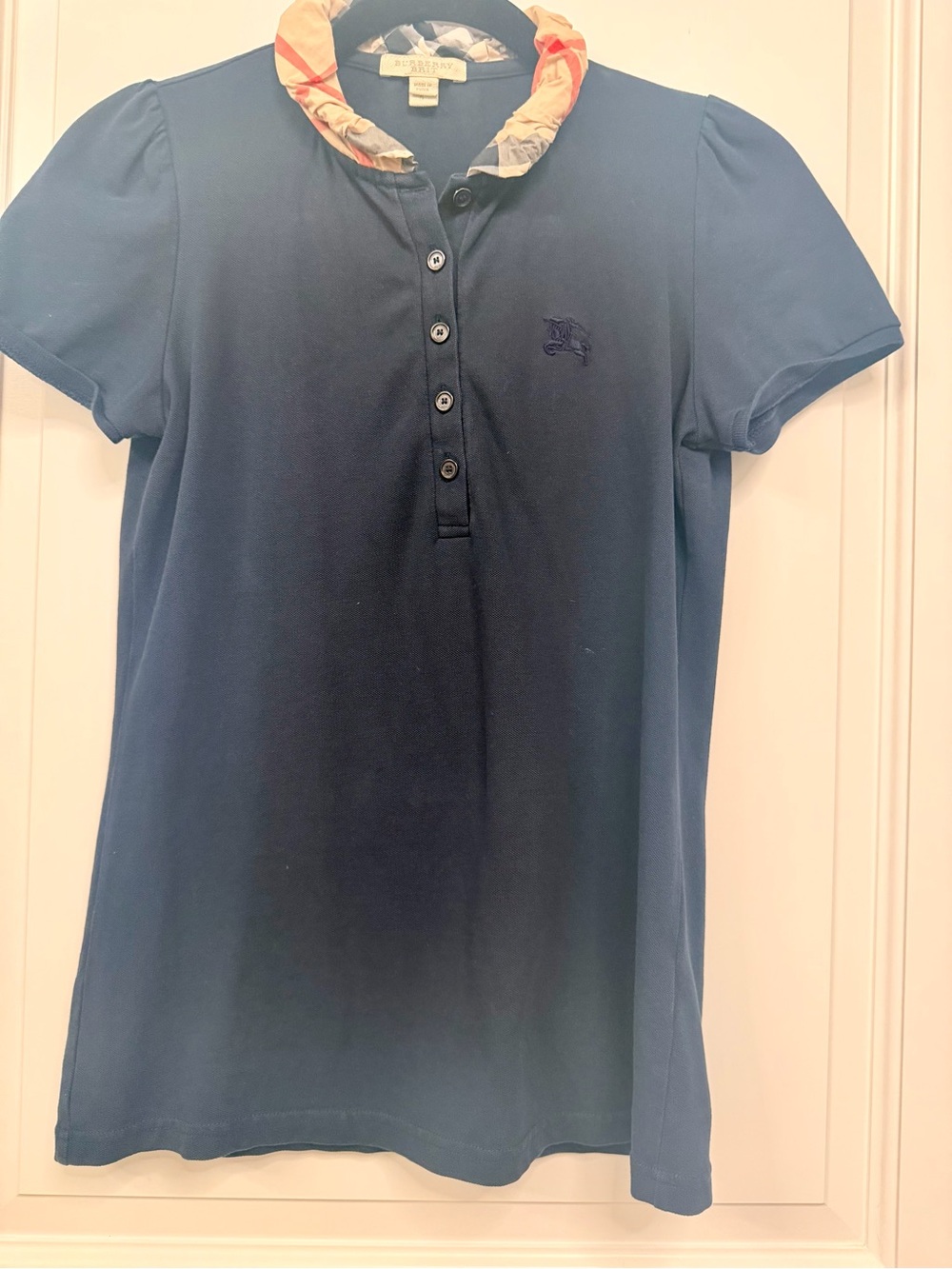 BURBERRY Navy Short Sleeve Polo with Patterned Collar